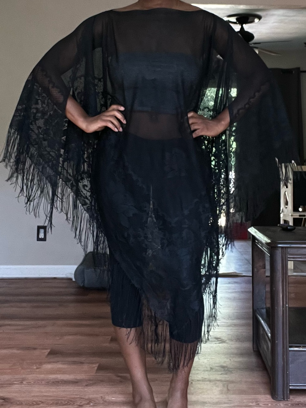 Black Sheer Floral Lace Fringe Poncho Cape Whimsigoth Boho Y2K